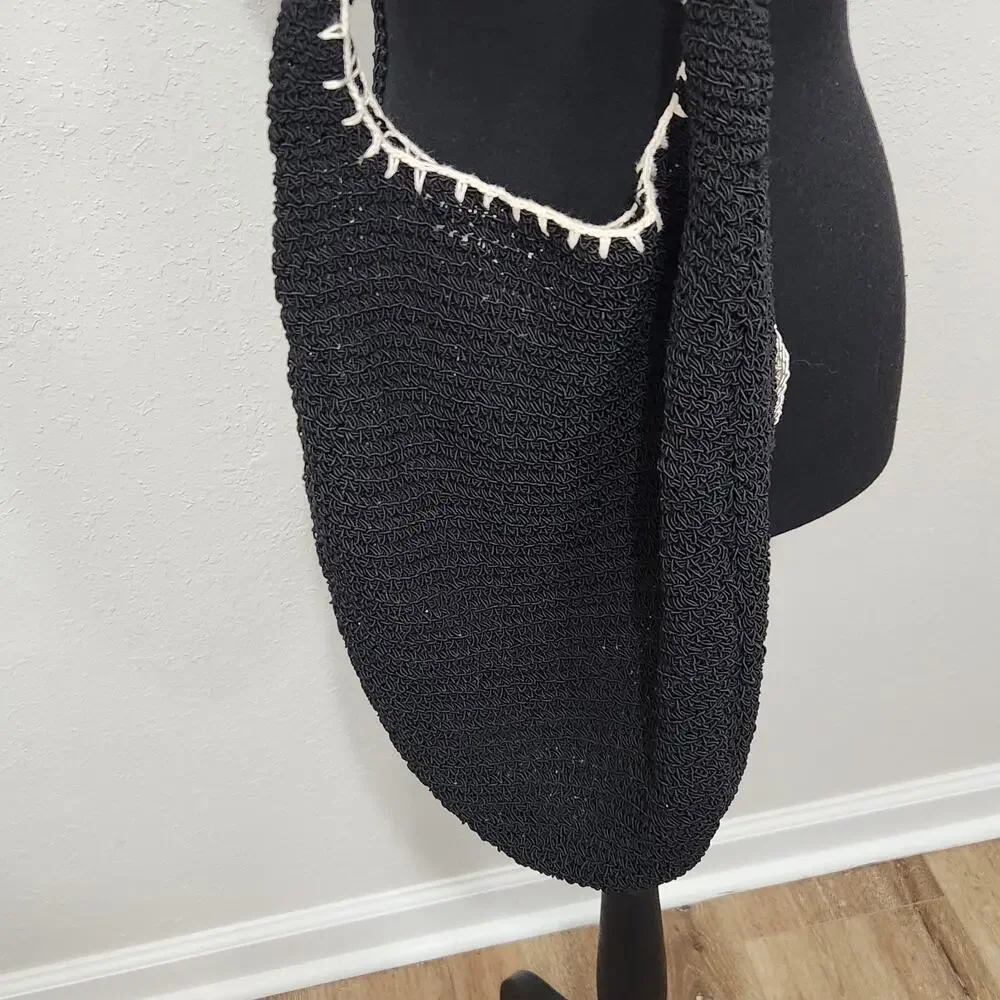 Y2K 90’s Yin Yang Woven Purse Bag Crossbody Crochet Black White Statement Hobo